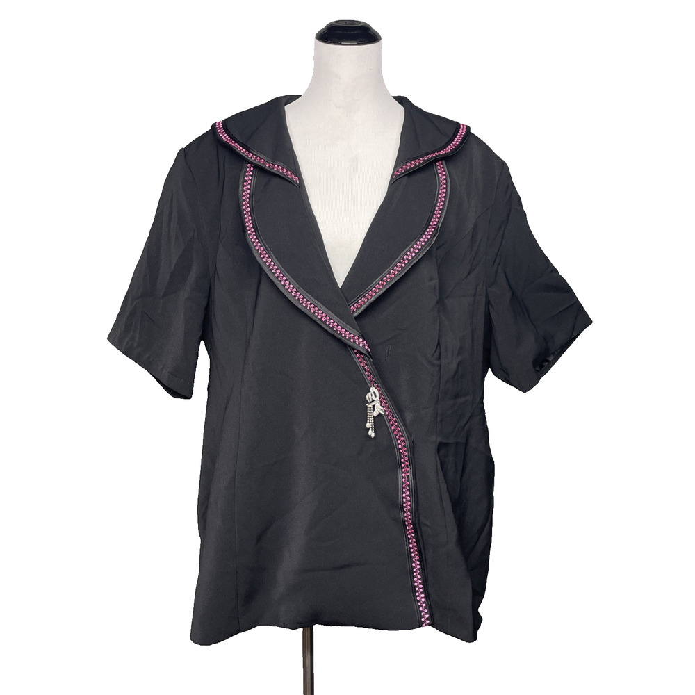Lisa Rene Women’s Black Beaded Zip Front Short Sleeve Jacket Blouse Size 26 NWT